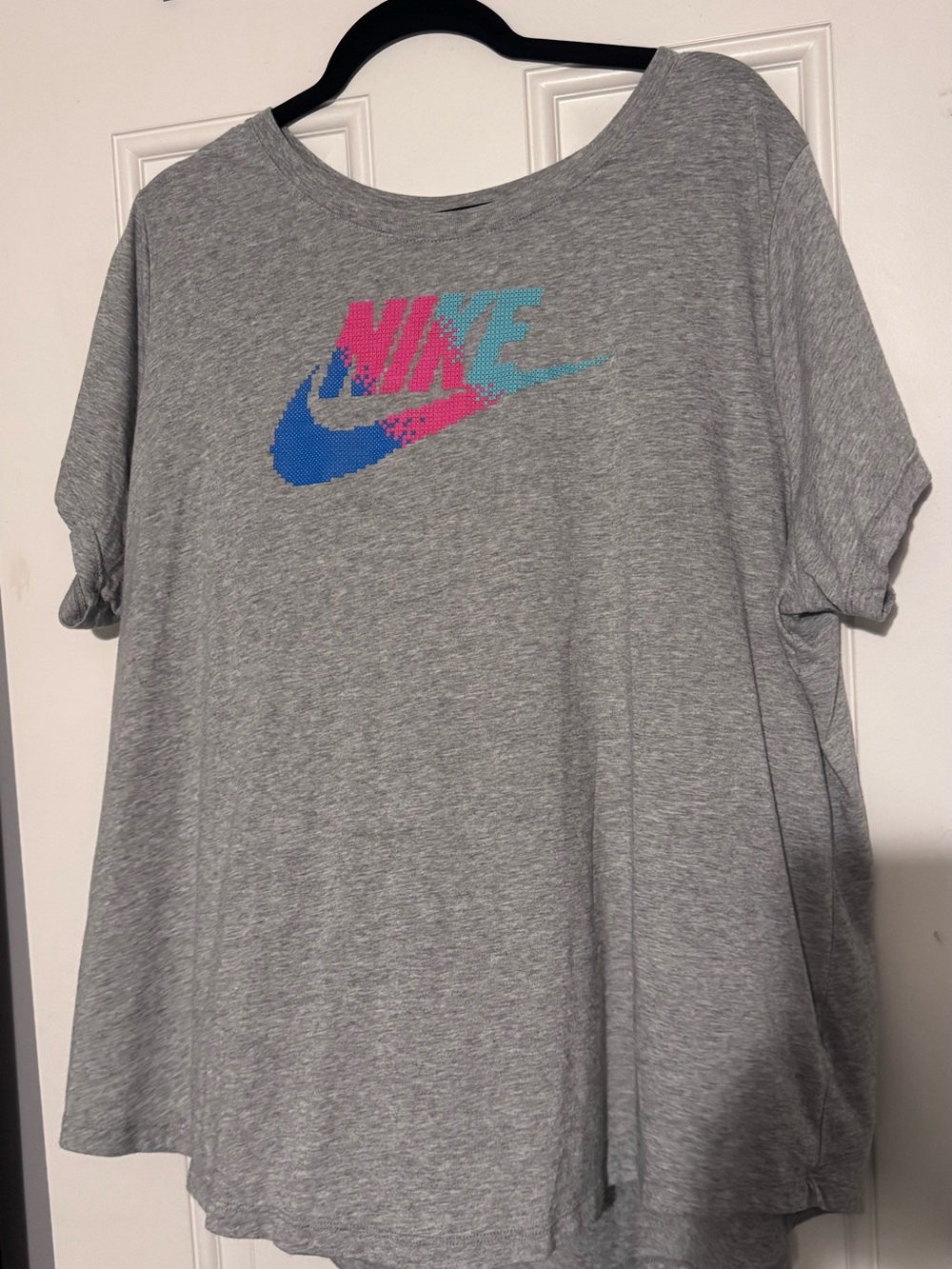 Nike Gray Tee with Pink & Blue Swoosh Logo